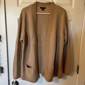 Lands' End Women's Open Front Camel and White Cardigan, Large